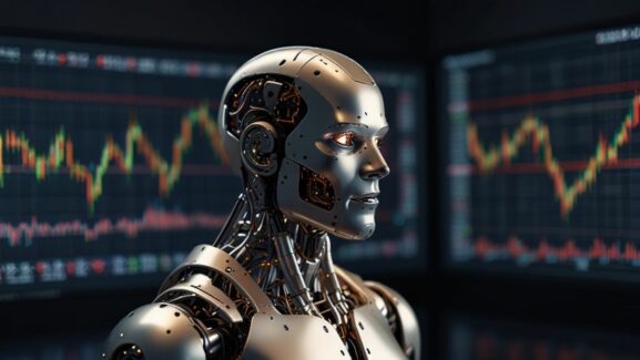 ai bot in front of big screens with stock charts
