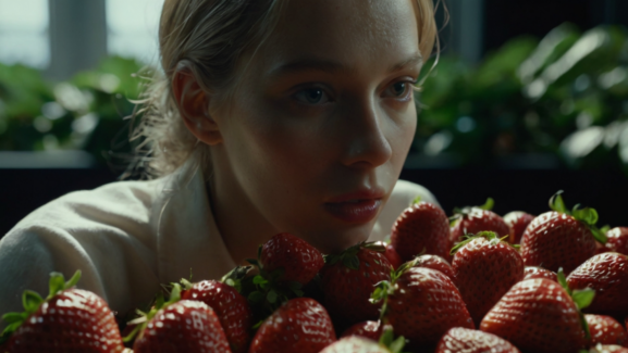 an ai girl is looking at some strawberries