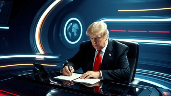 donald trump is signing a contract in a futuristic office